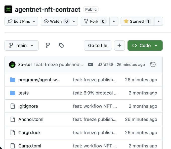 A GitHub repository page for 'agentnet-nft-contract' (Public) showing recent commits by user 'zo-sol' related to 'feat: freeze publish...' in the main branch.
