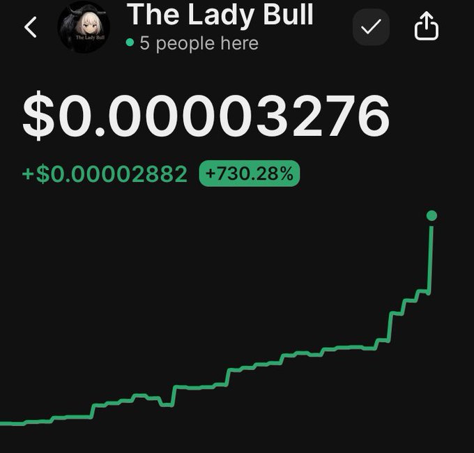 Trading app screenshot showing 'The Lady Bull' account with a value of $0.00003276, up +730.28% with +$0.00002882, 5 people in the room, and a green ascending price chart.