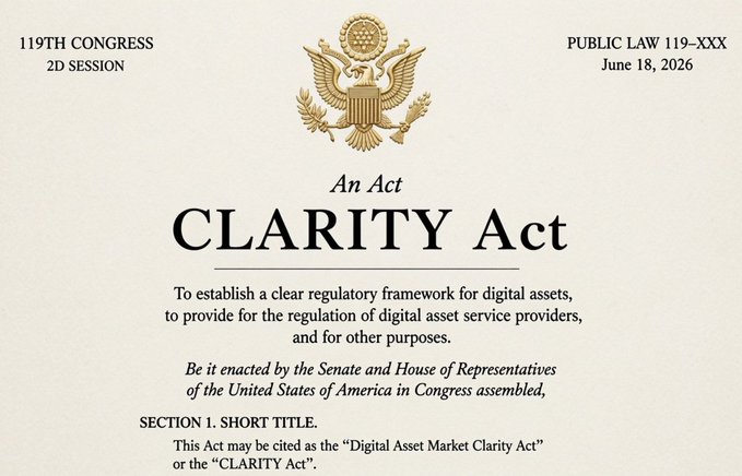 The image displays the official header of the "CLARITY Act" (Digital Asset Market Clarity Act), designated as Public Law 119-XXX of the 119th Congress, 2D Session, dated June 18, 2026, featuring the Great Seal of the United States and the standard enacting clause for legislation establishing a regulatory framework for digital assets. It relates to the post by visually representing the very legislation being negotiated, lending a sense of official authority to the bullish claim that ongoing Washington D.C. discussions are pushing the Bitcoin/crypto regulatory framework toward enactment.