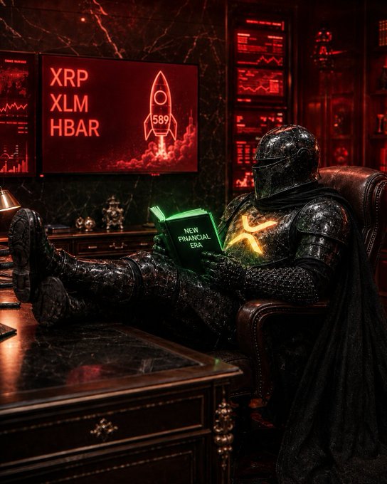 An armored figure reclines in a red-lit office reading a green booklet labeled “NEW FINANCIAL ERA,” while a screen displays the tickers “XRP,” “XLM,” and “HBAR” alongside a rocket marked “589.” The scene visually reinforces the post’s message of staying focused on the future of finance despite a market downturn.