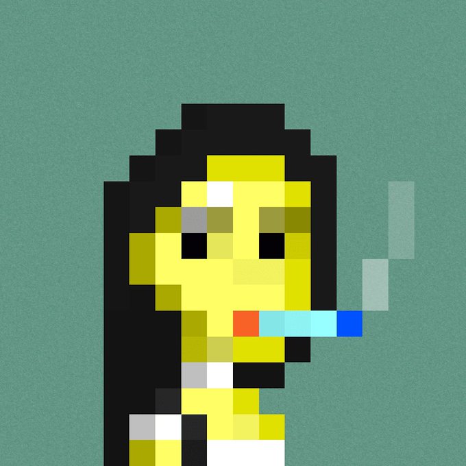 A pixel art portrait of a woman with long black hair smoking a blue cigarette, rendered in blocky, low-resolution style against a sage green background.
