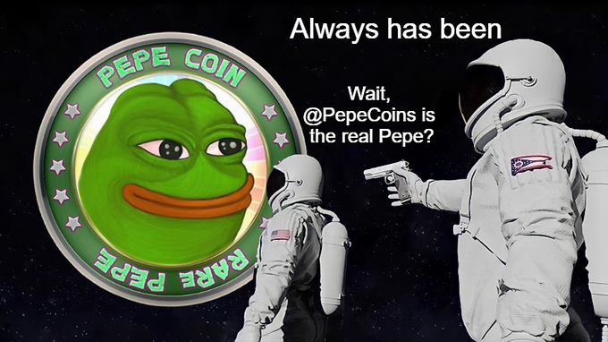 A space-themed meme with two astronauts and a large green Pepe coin labeled 'PEPE COIN' and 'RARE PEPE,' featuring the text 'Always has been' and 'Wait, @PepeCoins is the real Pepe?'