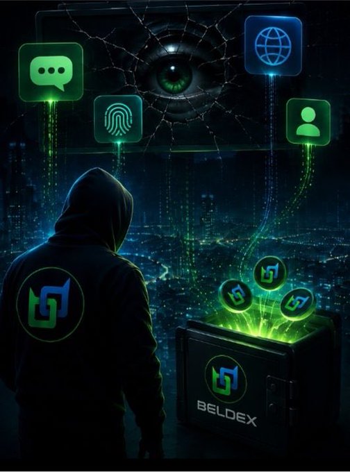 A dark, stylized illustration shows a hooded figure facing a large green eye with digital icons floating around, with 'BELDEX' displayed on a box emitting green light.