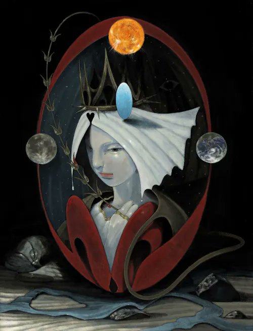 A surreal painting featuring a pale woman with white hair and a crown adorned with a blue egg, framed within a red oval against a starry background, surrounded by planets, a sleeping creature, and thorny vines.
