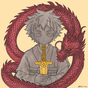 An anime-style illustration of a white-haired character holding a golden sword, coiled by a red dragon, signed '@marina'.