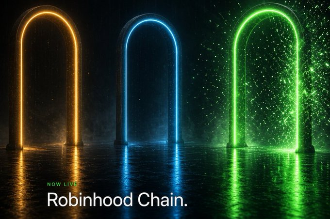 Promotional graphic for Robinhood Chain featuring three glowing neon arches in yellow, blue, and green against a dark background with the text 'NOW LIVE Robinhood Chain.'