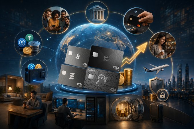 A digital illustration of a city skyline, with a globe and three black credit cards labeled "VISA", "Mastercard", and "Discover" against a dark blue background.