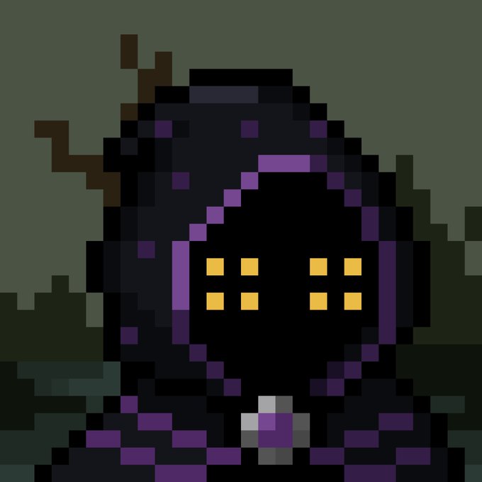 A pixel art portrait of a dark purple hooded character with glowing yellow square eyes against a dark green background.