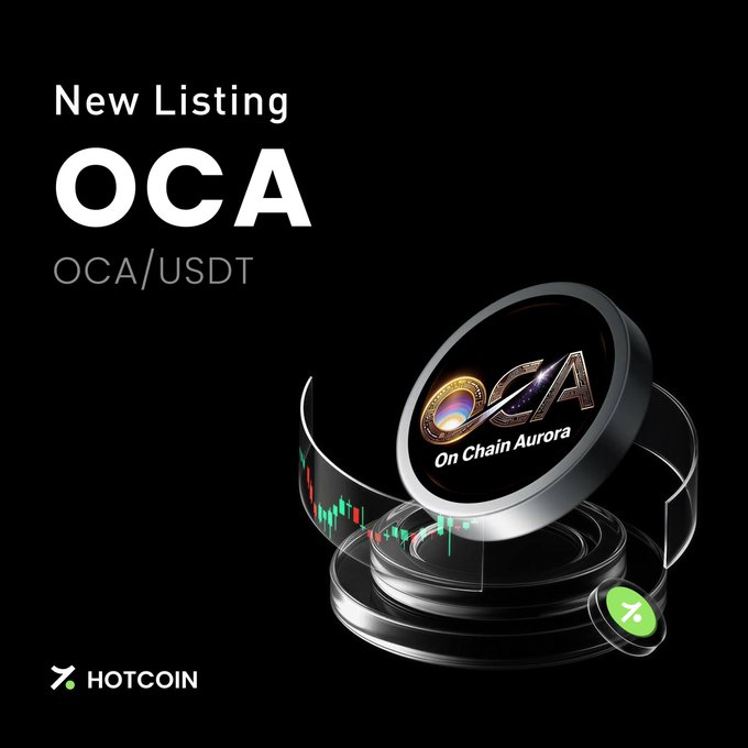 A Hotcoin promotional graphic announcing a new listing for 'OCA' (On Chain Aurora) token with the OCA/USDT trading pair.