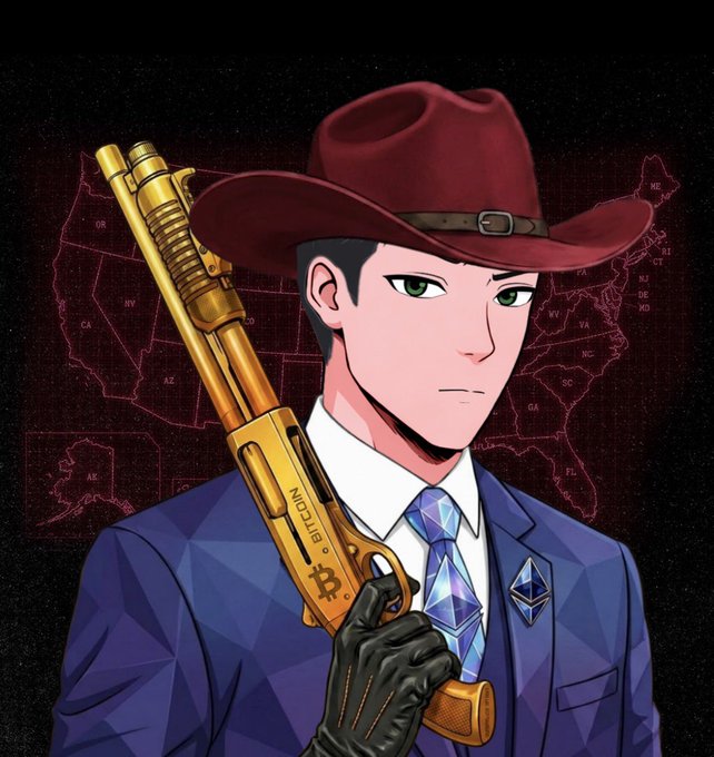 An anime-style illustration of a man in a red cowboy hat and blue suit holding a gold shotgun labeled 'Modulus' with a Bitcoin logo, set against a US map background.