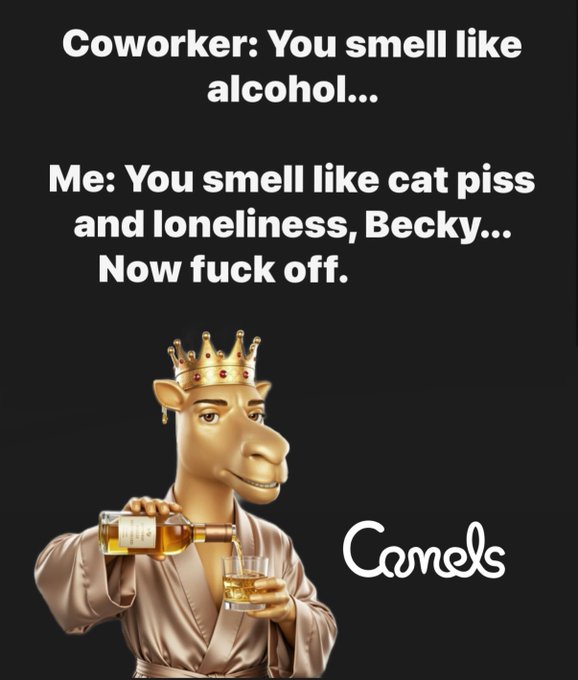 A meme featuring a camel wearing a crown and robe pouring whiskey into a glass, with text reading: 'Coworker: You smell like alcohol... Me: You smell like cat piss and loneliness, Becky... Now fuck off.' Branded with the 'Camels' logo.