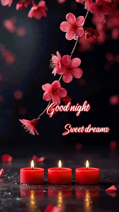 A decorative 'Good night Sweet dreams' graphic featuring pink cherry blossoms hanging over three lit red candles on a reflective surface against a dark background.