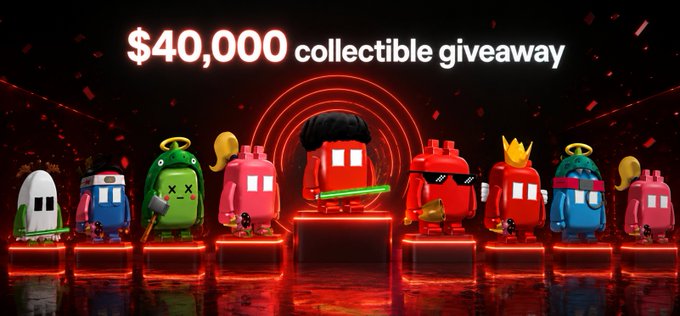 A promotional banner for a "$40,000 collectible giveaway" features a lineup of colorful, stylized pixel-art collectible characters displayed on pedestals against a dark red background with glowing rings, matching the Hoppr Genesis collectible giveaway campaign mentioned in the post.