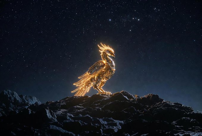 A digital artwork of a glowing, golden mechanical eagle perched on a rocky peak under a starry night sky.