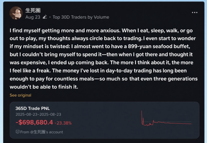 A social media post by '生死圈' discussing trading anxiety, showing a 365D Trade PNL of -$698,680.4 (-23.38%) dated 2025-08-23.