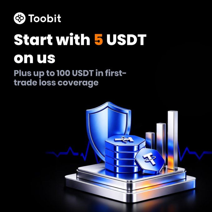 A Toobit promotional graphic with the headline "Start with 5 USDT on us" and subtext "Plus up to 100 USDT in first-trade loss coverage," featuring an illustration of a blue shield, stacked USDT coins, and rising bar charts on a metallic platform, visually reinforcing the post's offer of 5 USDT in Trial Funds plus potential first-trade loss coverage for new Event Contracts traders.