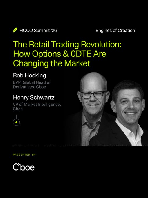 A promotional graphic for HOOD Summit '26 titled 'The Retail Trading Revolution: How Options & 0DTE Are Changing the Market,' featuring Rob Hocking (EVP, Global Head of Derivatives, Cboe) and Henry Schwartz (VP of Market Intelligence, Cboe), presented by Cboe.