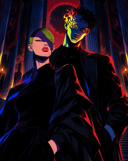 A dramatic comic-book style illustration of two figures, a green-haired woman and a fiery man, standing together in dark clothing against a red, gothic background.