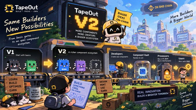 A colorful promotional graphic for 'TapeOut V2' by BNB Chain, highlighting features like 'More Components,' 'More Creators,' and 'A Bigger Ecosystem,' with characters representing developers and component vault users.