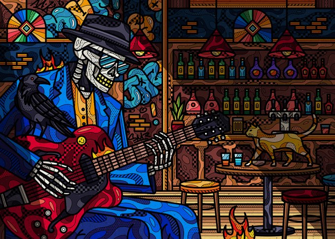 The image features a skeleton playing a guitar inside a bar, surrounded by various bottles of alcohol. The skeleton appears to be dressed as a rockstar or musician, with a hat and sunglasses. A cat can also be seen sitting nearby on one of the chairs in the scene.