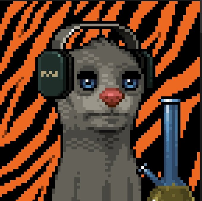 Pixel art NFT-style illustration of a gray seal or sea lion wearing green Bose headphones with a red nose, set against a vibrant orange and black zebra-striped background with a blue bong/water pipe visible.