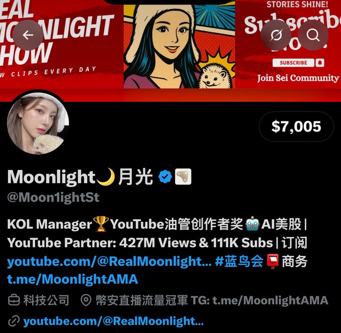The image shows a Twitter/X profile for "Moonlight 月光" (@MoonlightSt), a KOL Manager and YouTube Partner with 427M views and 111K subscribers, displaying $7,005 in earnings. The accompanying post suggests Moonlight is cautioning followers to delay sending money because Twitter's backend may have flagged suspicious activity from high-frequency X-to-artist transactions.