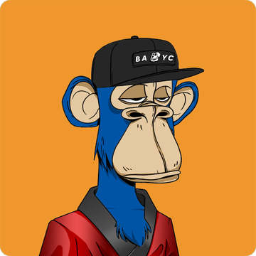 A digital illustration of a Bored Ape-style cartoon character with a blue face, wearing a red shirt and a black baseball cap with the text 'BAYC' and a monkey logo.