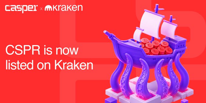 The image is a promotional graphic announcing "CSPR is now listed on Kraken," featuring the Casper and Kraken logos alongside a 3D illustration of a purple pirate ship with treasure on a red background. It visually supports the post's announcement of CSPR's availability for US traders on Kraken and teases the upcoming panel discussion about the Clarity Act and Casper's future.