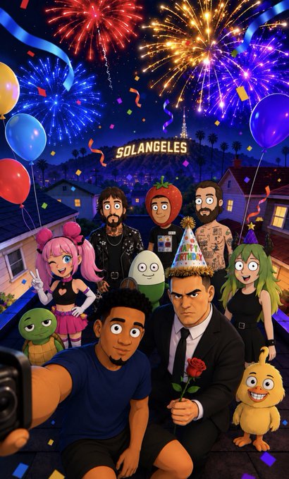 An animated-style group selfie shows various cartoon and semi-realistic characters celebrating with fireworks, balloons, and confetti against a night sky featuring the Hollywood sign and "SOLANGELES" text.