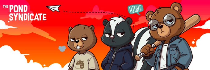 The image features a cartoon illustration of three bears standing next to each other, with one bear holding a baseball bat and another holding a baseball glove. The background of the image is red, which complements the cartoon-like style of the bears' appearances. In the bottom right corner of the image, there's text that reads "Pond Syndicate is cooking !!! 555 unique misfit characters building an underground collective on Ethereum Free mint drops June 10th". This text connects the bears in the image to a larger event or project happening on the internet at that time.
