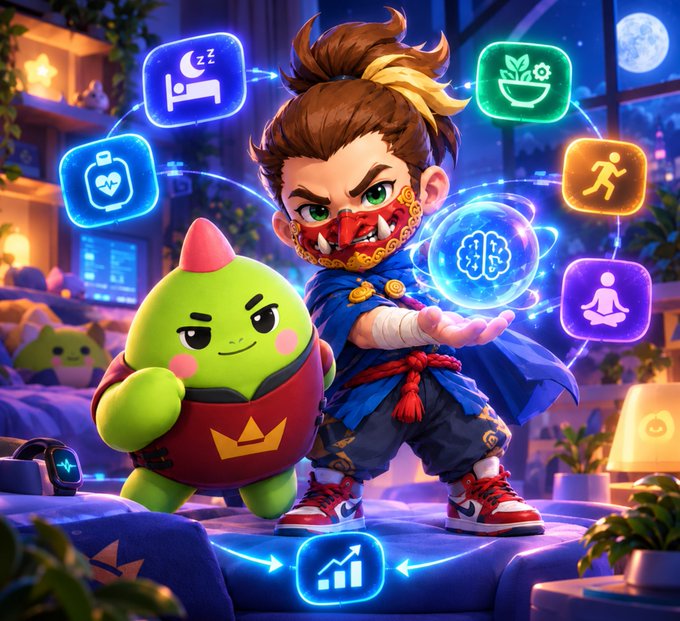 A vibrant 3D cartoon illustration of a young boy in a blue ninja-style outfit and an angry green creature, surrounded by glowing icons for sleep, health, fitness, meditation, and productivity.