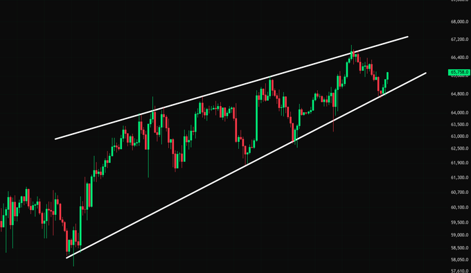 A daily candlestick chart of Bitcoin (BTC/USD) showing price action contained within a rising wedge pattern, with the current price displayed at 65,768.0 and price levels ranging from approximately 57,000 to 69,000, illustrating the narrowing range between the upper and lower trendlines that defines the ascending wedge formation.