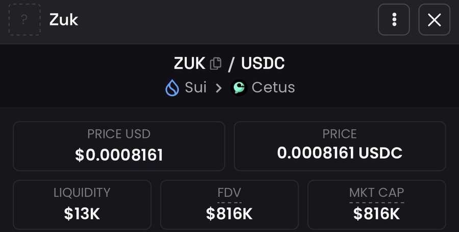 A cryptocurrency price screen displays the ZUK/USDC trading pair on the Sui network via Cetus, showing a price of $0.0008161 with $13K liquidity and $816K market cap.