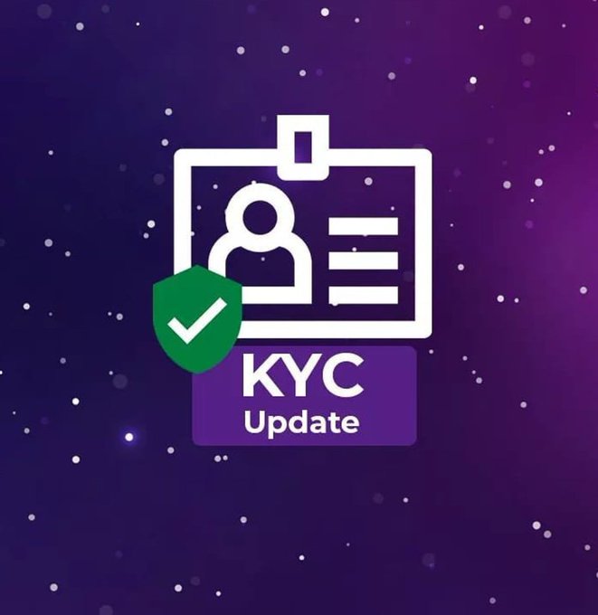 A purple graphic design featuring an ID card icon with a green shield and checkmark, with the text 'KYC Update' displayed prominently.