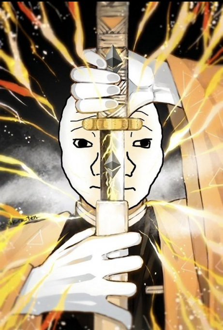 An anime-style drawing shows a character holding a katana sword directly in front of their face with both hands, surrounded by glowing yellow energy or flames, signed 'on ten' in the corner.