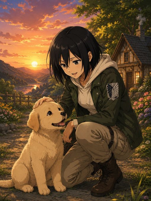 A gentle anime-style scene of Mikasa from *Attack on Titan* petting a happy golden retriever at sunset in a countryside village. The warm, wholesome vibe contrasts with the post's casual "$jotchua" crypto mention, perhaps implying it's a safe, "good boy" kind of investment.