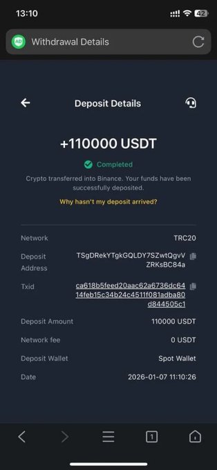 The image shows a completed cryptocurrency deposit of +110000 USDT via the TRC20 network to a Binance Spot Wallet on January 7, 2026, with a zero network fee. The image is being used as "proof" to support the poster's giveaway claim that they will randomly select a commenter to win $2500, demonstrating they have the funds to fulfill the promise.