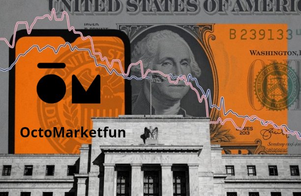 A promotional graphic for "OctoMarketfun" features the brand's orange octopus logo alongside a U.S. one-dollar bill and the Federal Reserve building, overlaid with a declining financial chart, symbolizing the rebranding announcement from OctopusMarketAI to OctoMarketFun.