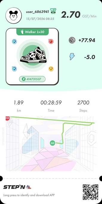 The image shows a STEP'N app activity summary with the username "user_6863941" earning 2.70 GST/Min, a distance of 1.89 km, time of 28:59, and 2,700 steps, featuring a "Walker Lv30" sneaker NFT with 4,147,3153 energy. The Japanese caption "しごおわ 名古屋から持ってきた口内炎がいたい" translates to "Work done, the canker sore I brought from Nagoya hurts," suggesting the user is sharing their STEP'N walking session while complaining about a mouth sore after returning from a trip to Nagoya.