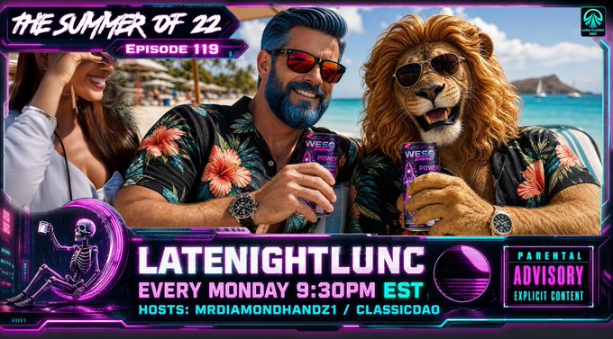 The image features a poster for an event called "The Summer of 22" that is scheduled for Saturday, September 19th at 9:30 PM. The poster includes two men dressed up as lions with sunglasses, holding cans of beer. There are also three people in the background who appear to be enjoying their time together on a beach. The image does not provide any additional information about the event or its hosts.