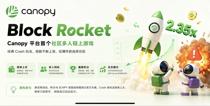 Canopy's 'Block Rocket' promotional banner advertising a multiplayer chain game with Crash gameplay mechanics and a 2.35x multiplier, featuring rocket and astronaut illustrations.
