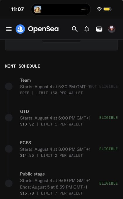 A screenshot of the OpenSea app showing a MINT SCHEDULE with various stages including Team (NOT ELIGIBLE), GTD ($13.92), FCFS ($14.85), and Public stage ($15.78), all starting on August 4.