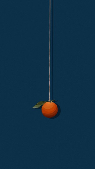 An illustration depicts an orange fruit with a single green leaf, suspended by a thin rope against a solid dark blue background.