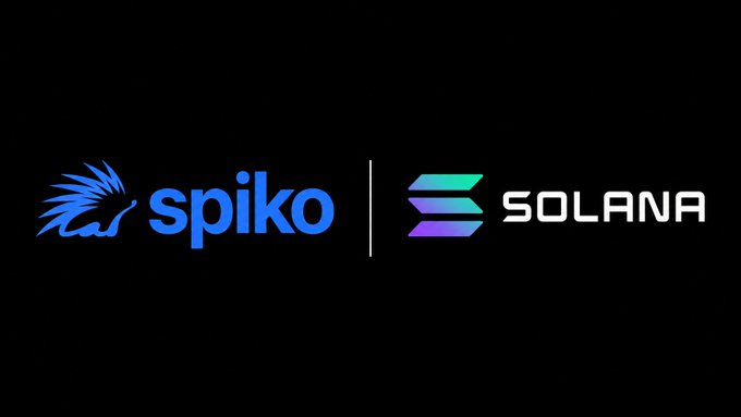 The image features the logos of "spiko" (in blue, accompanied by a hedgehog/porcupine icon) and "SOLANA" (with its signature gradient emblem) displayed side by side on a black background, visually announcing Spiko's expansion onto the Solana blockchain, where it offers tokenized funds managed by Amundi, Europe's largest asset manager.