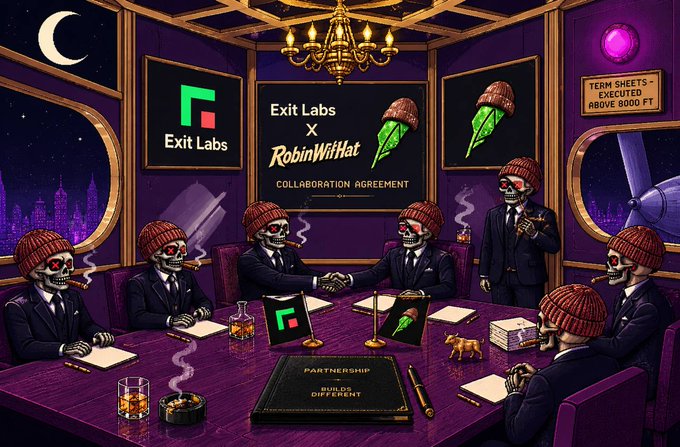 An illustration of skeleton characters in suits and red beanies around a meeting table, depicting an 'Exit Labs x RobinWifiHat COLLABORATION AGREEMENT', with screens showing 'Exit Labs' and 'RobinWifiHat' logos.