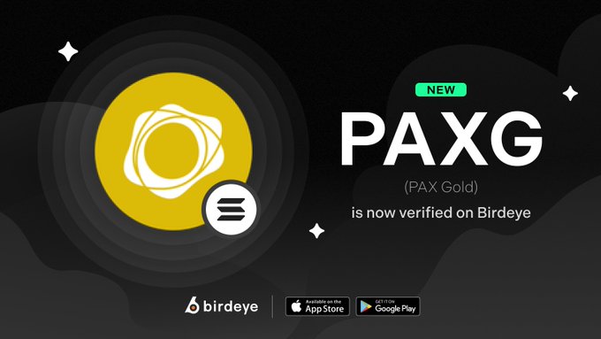 The image is a promotional graphic with a black background featuring a large yellow circle containing a white "P" symbol next to text reading "NEW PAXG (PAX Gold) is now verified on Birdeye." It also displays the Birdeye logo and links to the App Store and Google Play, visually announcing PAXG's verification on the Birdeye platform.