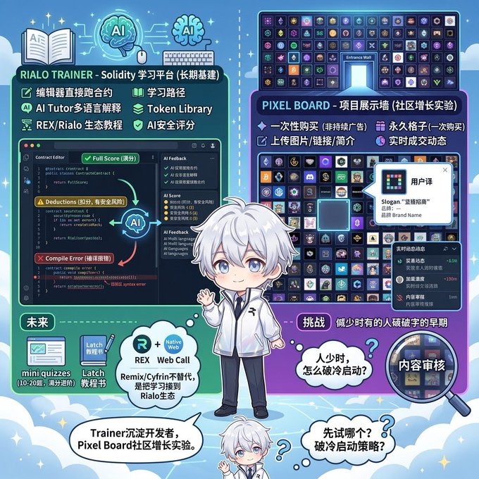 An anime-style promotional graphic featuring a silver-haired character in a lab coat presenting 'RIALO TRAINER - Solidity' learning platform and 'PIXEL BOARD' project showcase with Chinese text describing features and challenges.