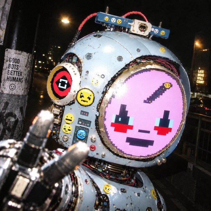 A metallic robot with a pink pixelated face display and various stickers, including smiley faces and a 'C' logo, stands at night near a sign reading 'GOOD BOTS BETTER HUMANS'.