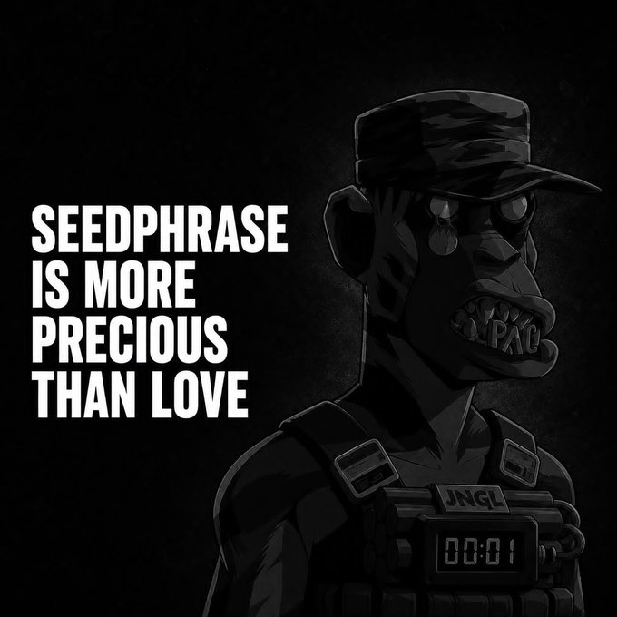 A dark, gritty digital artwork of a soldier wearing a cap and a vest labeled 'JNGL' with a digital timer reading '00:01', alongside the text 'SEEDPHRASE IS MORE PRECIOUS THAN LOVE'.
