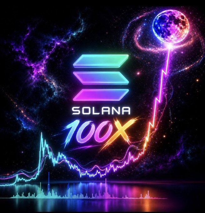 A digital graphic featuring the Solana logo with '100X' text in glowing multicolored letters, set against a purple cosmic background with a moon and a rising stock chart.